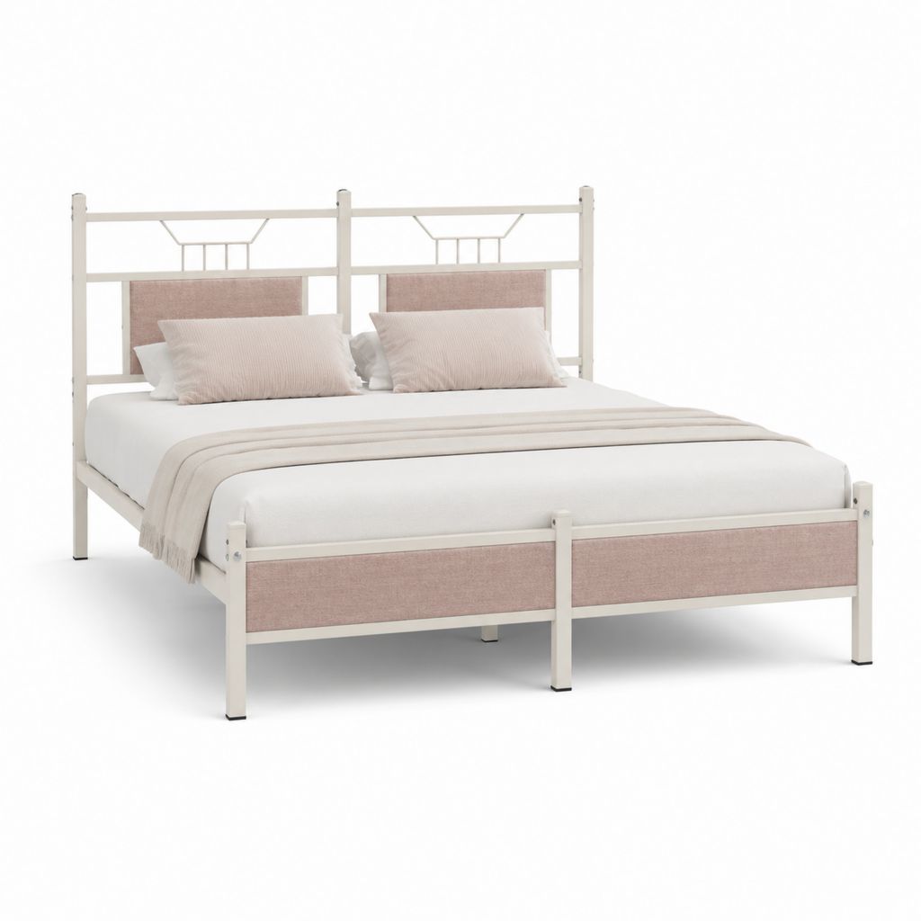 Cadre de lit double 140 x 190 cm blanc et rose poudré en acier avec panneaux en polyester rectangulaire