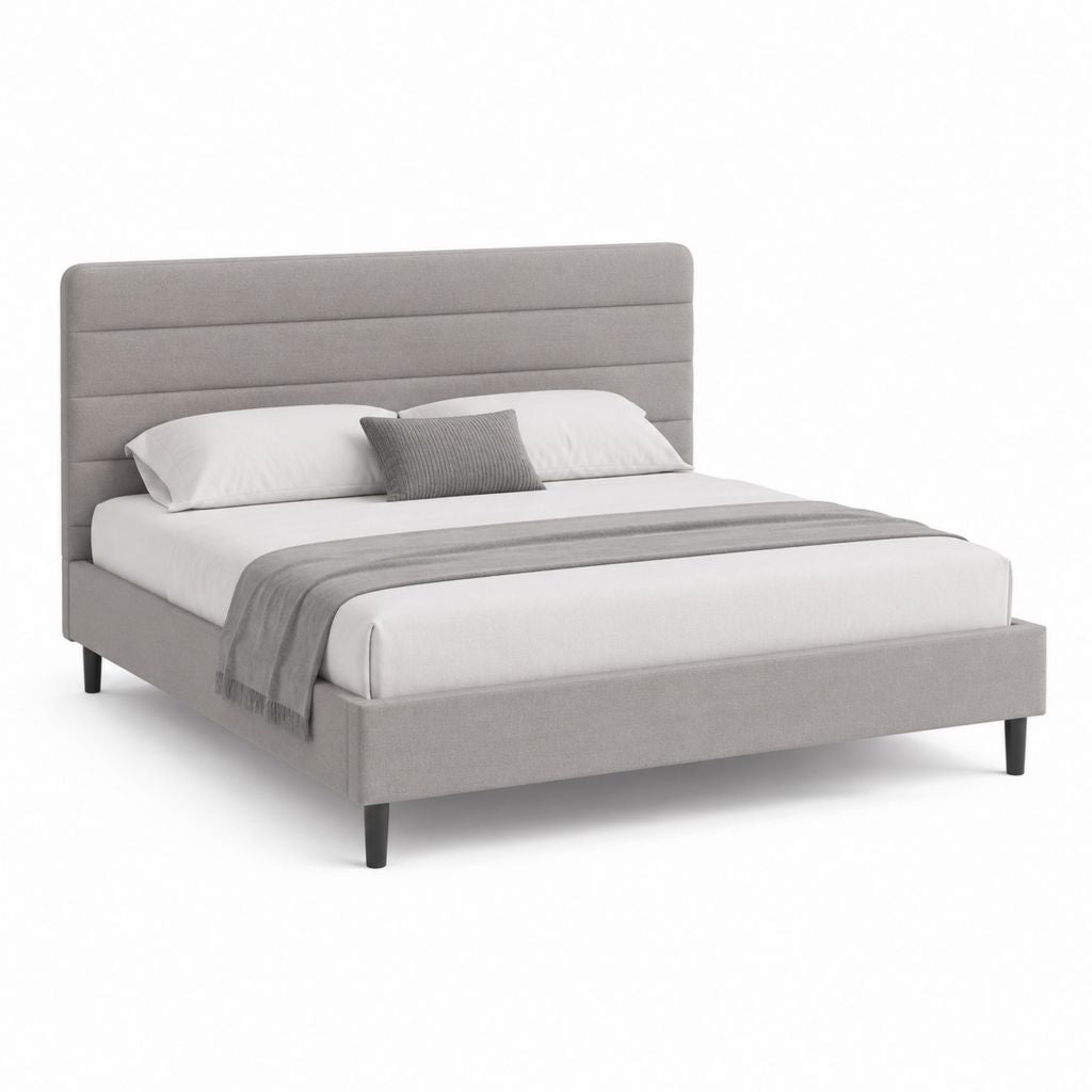 Cadre de lit double gris en polyester avec tête de lit capitonnée 160 x 200 cm