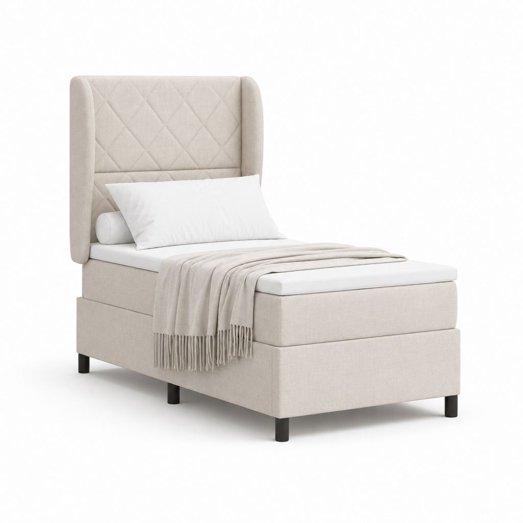 Lit une place capitonné beige en polyester 90 x 190 cm avec tête de lit haute