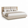 Lit double avec cadre beige en polyester et tête de lit capitonnée décor chêne 180 x 200 cm