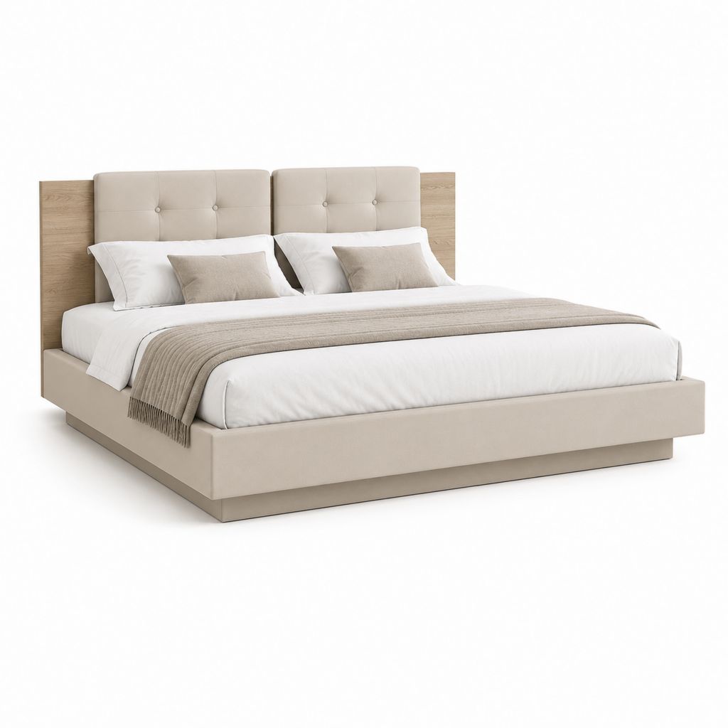 Lit double avec cadre beige en polyester et tête de lit capitonnée décor chêne 180 x 200 cm