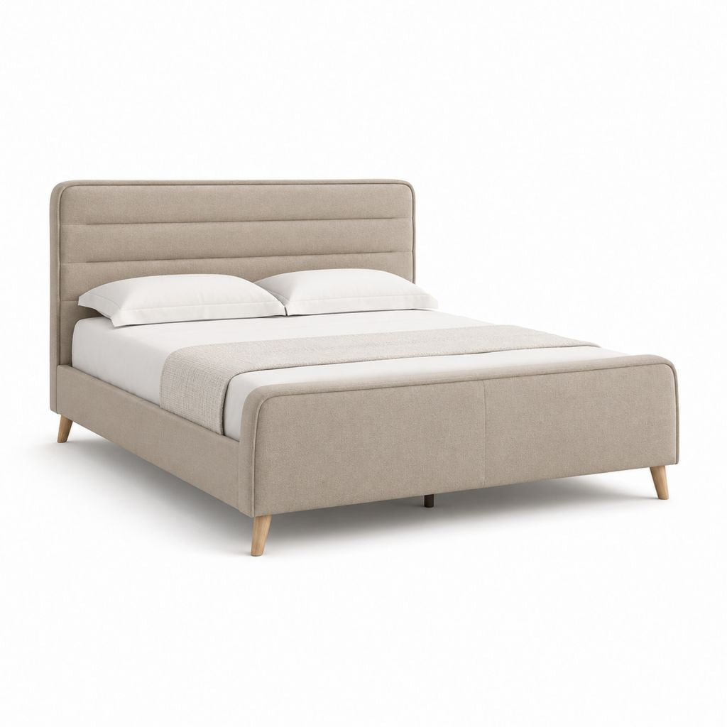 Lit double 160 x 200 cm beige en polyester avec cadre en bois et tête de lit rembourrée