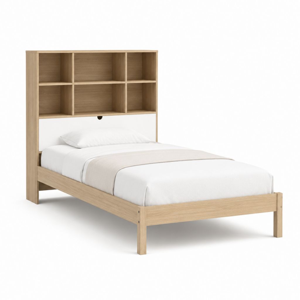Lit simple avec tête de lit rangement chêne clair en panneaux de particules 90 x 190 cm