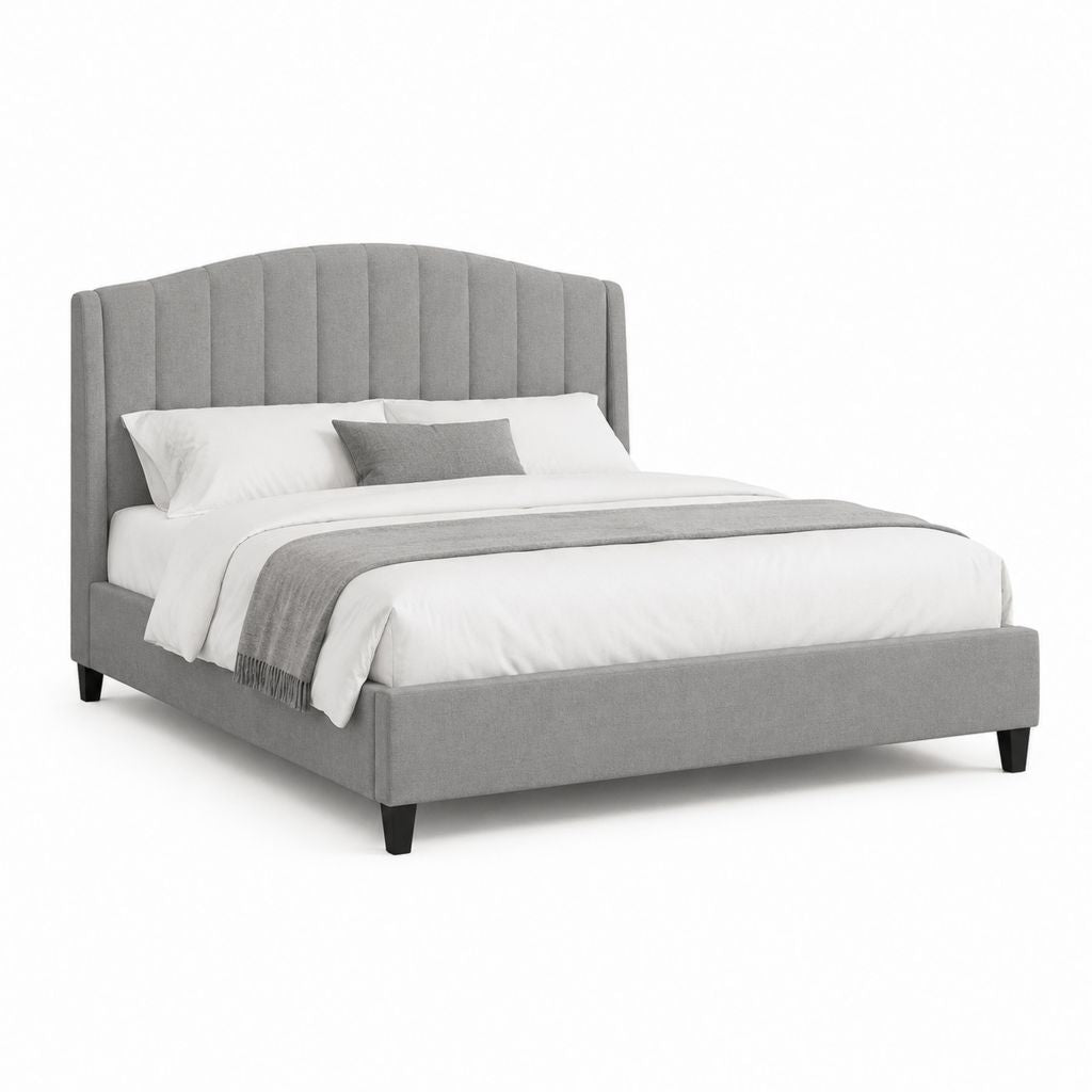Lit double 160 x 200 cm gris en polyester avec tête de lit capitonnée