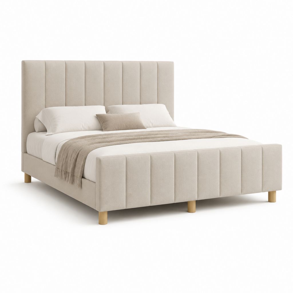 Lit double 160 x 200 cm beige en polyester avec tête de lit capitonnée