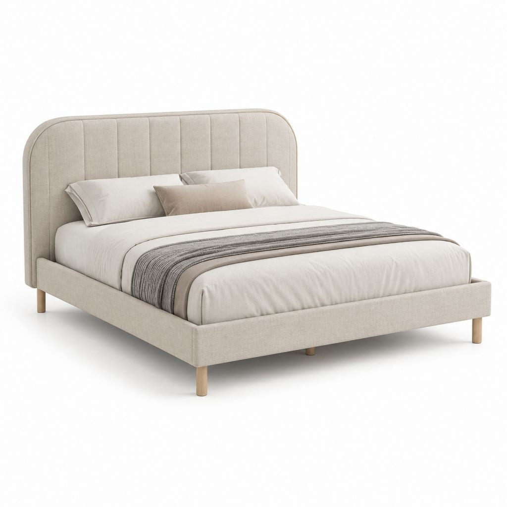 Lit double 160 x 200 cm beige cadre en contreplaqué et MDF revêtu de polyester pieds en hévéa