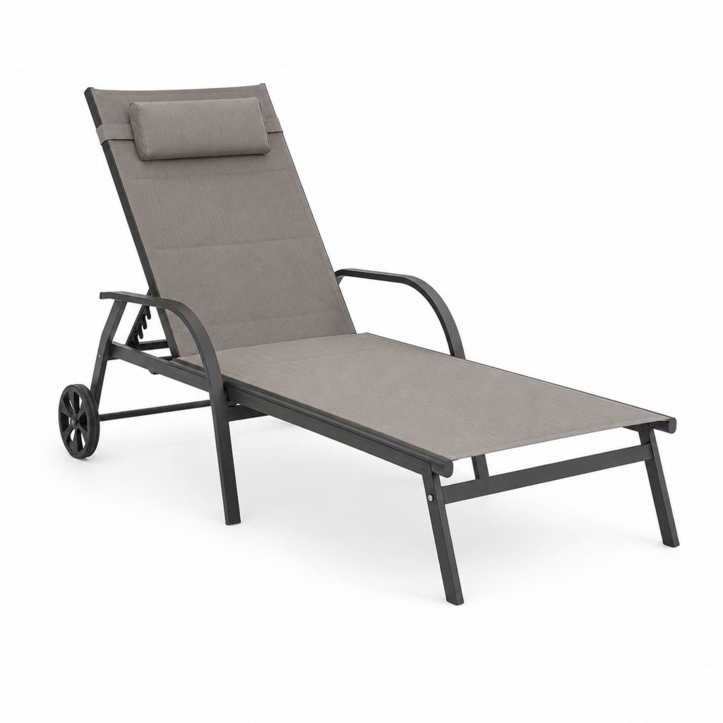 Bain de soleil inclinable gris en acier thermolaqué et textilène 195 x 65 x 96 cm