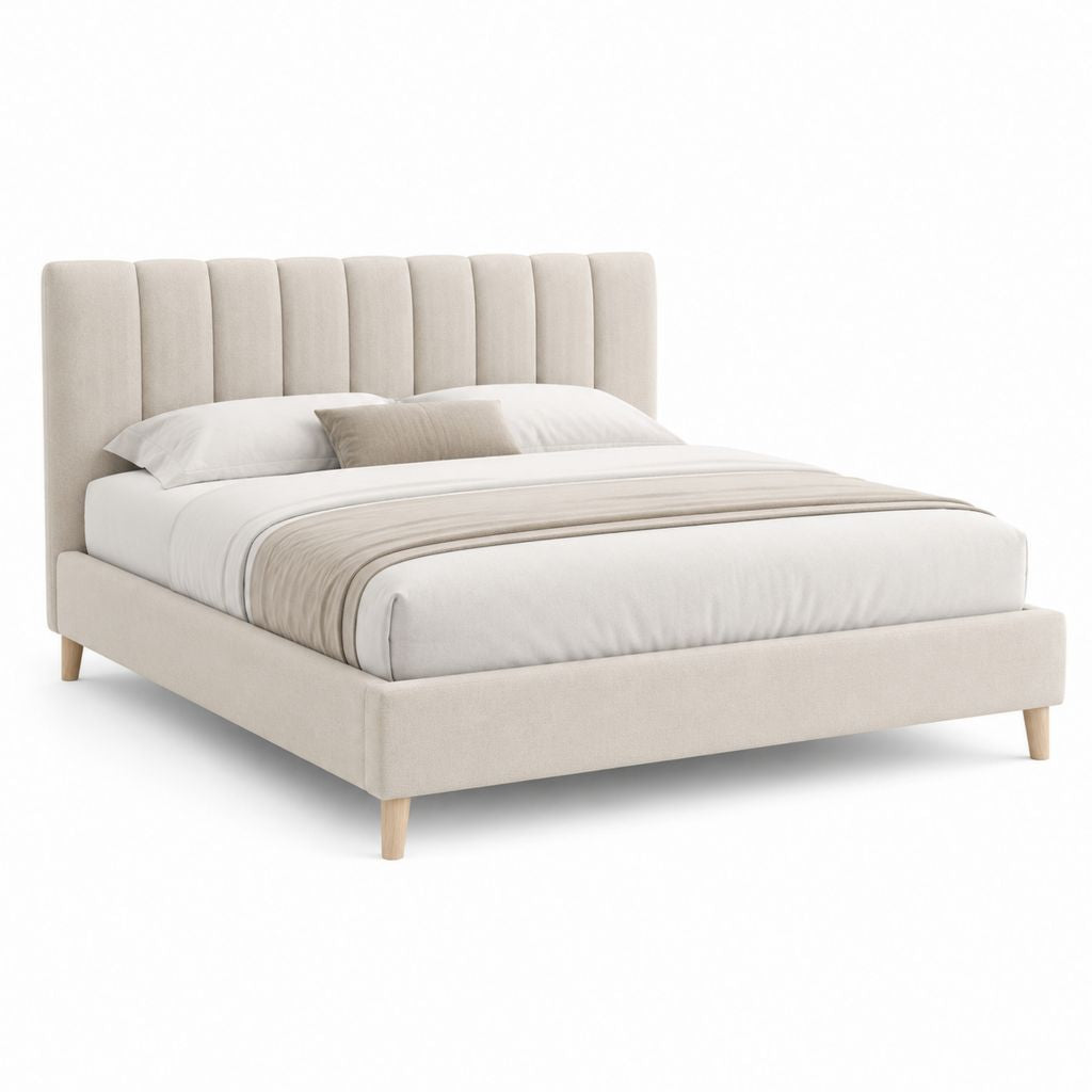 Lit double 160 x 200 cm beige en polyester avec tête de lit capitonnée