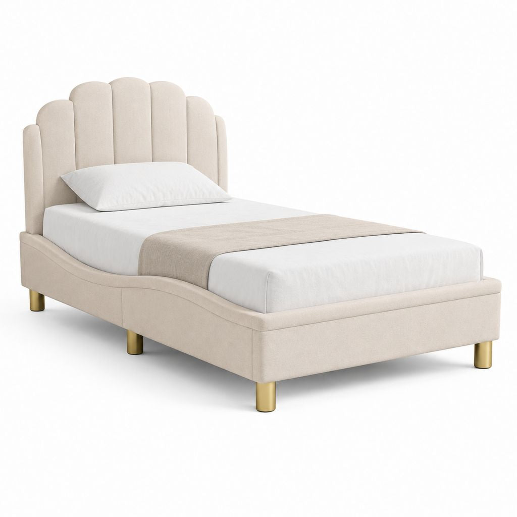 Lit simple 90 x 190 cm beige en polyester avec tête de lit capitonnée et pieds en acier