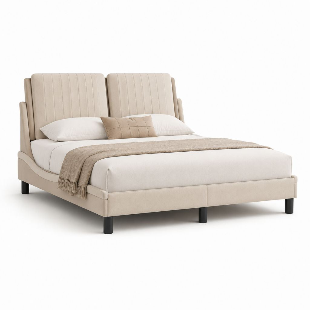 Lit double avec cadre beige en polyester et tête de lit capitonnée 160 x 200 cm