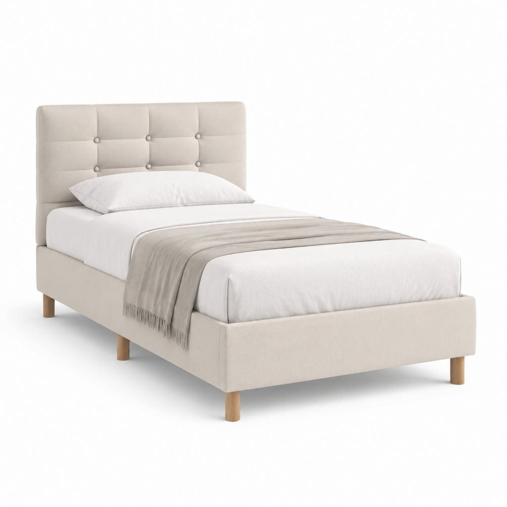 Lit simple capitonné beige en polyester avec pieds en bois massif 90 x 190 cm