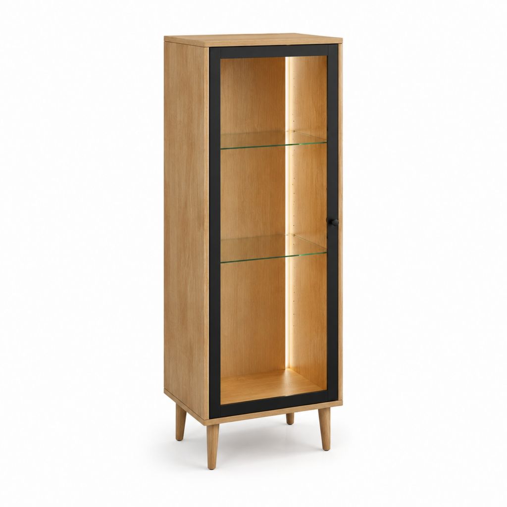 Vitrine de salon rectangulaire chêne clair et verre trempé avec porte 180 x 60 x 40 cm