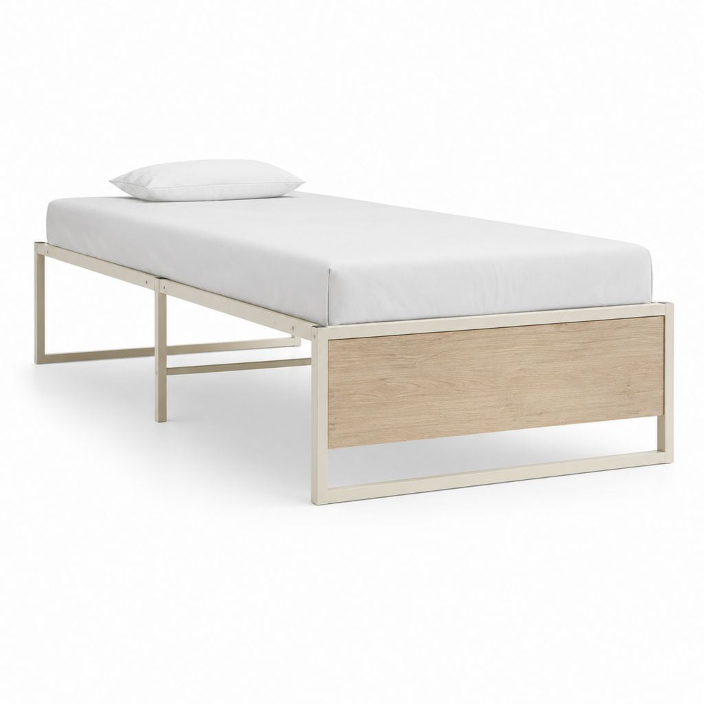 Cadre de lit simple blanc et chêne en acier et MDF 90 x 200 cm