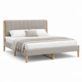 Lit double 160 x 200 cm beige clair en polyester avec cadre en bois d'hévéa