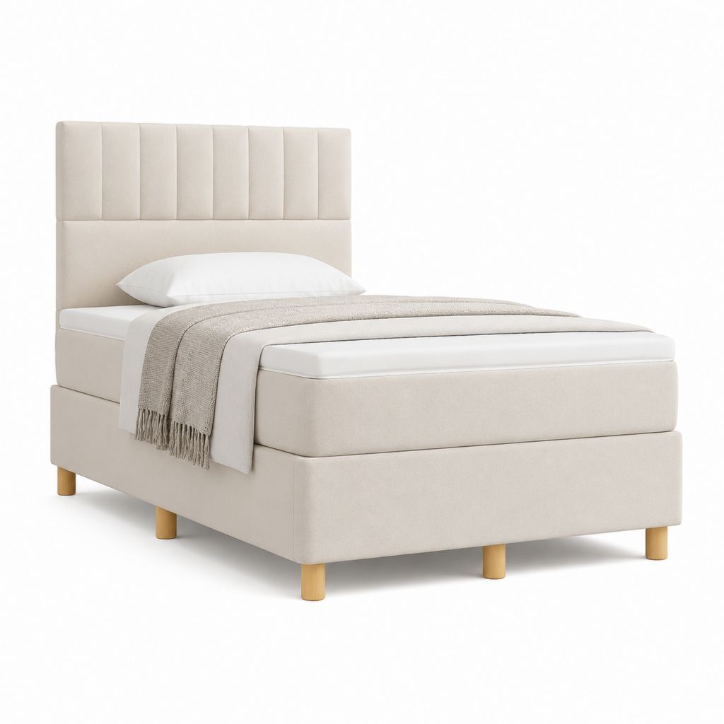 Lit capitonné une place beige en polyester avec sommier à lattes 90 x 190 cm