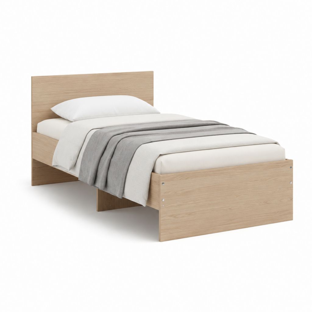 Lit simple 90 x 190 cm chêne clair en panneaux de particules avec tête de lit rectangulaire
