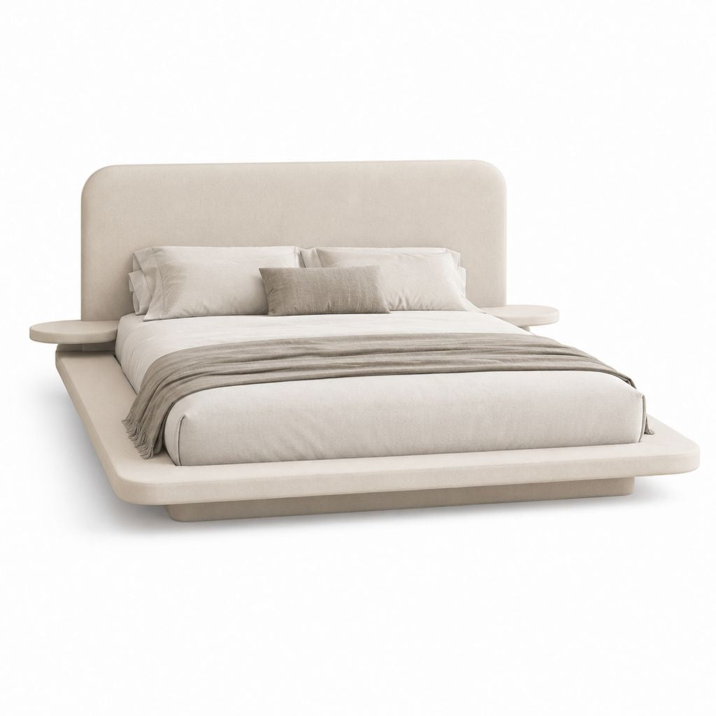 Lit double 180 x 200 cm beige en polyester avec tête de lit rembourrée et tablettes latérales